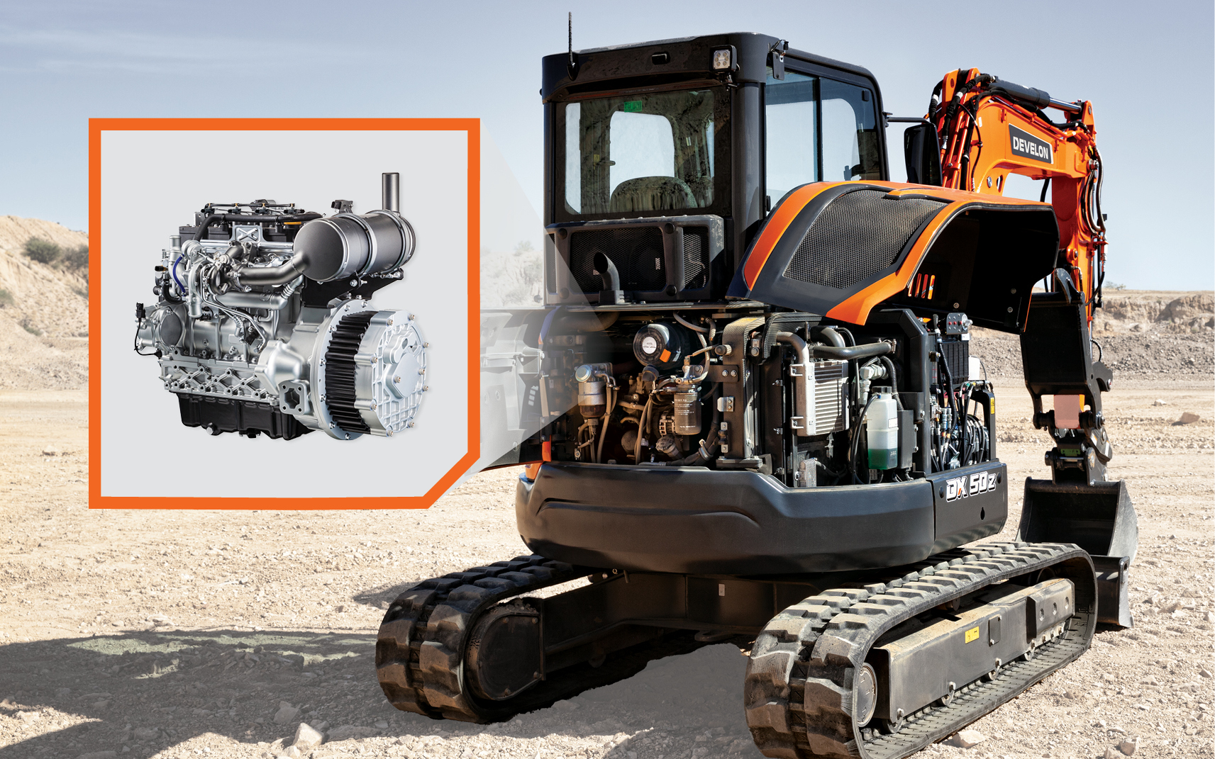 A DEVELON mini excavator with a callout of a hybrid engine.